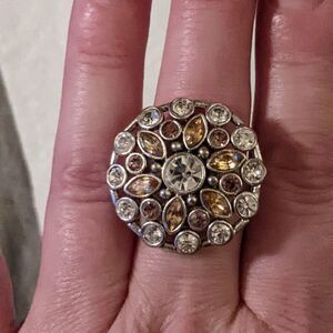 Clear orange, pink, clear rhinestone dome ring size 8